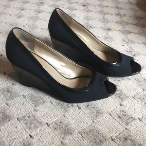 Black peep toe wedges